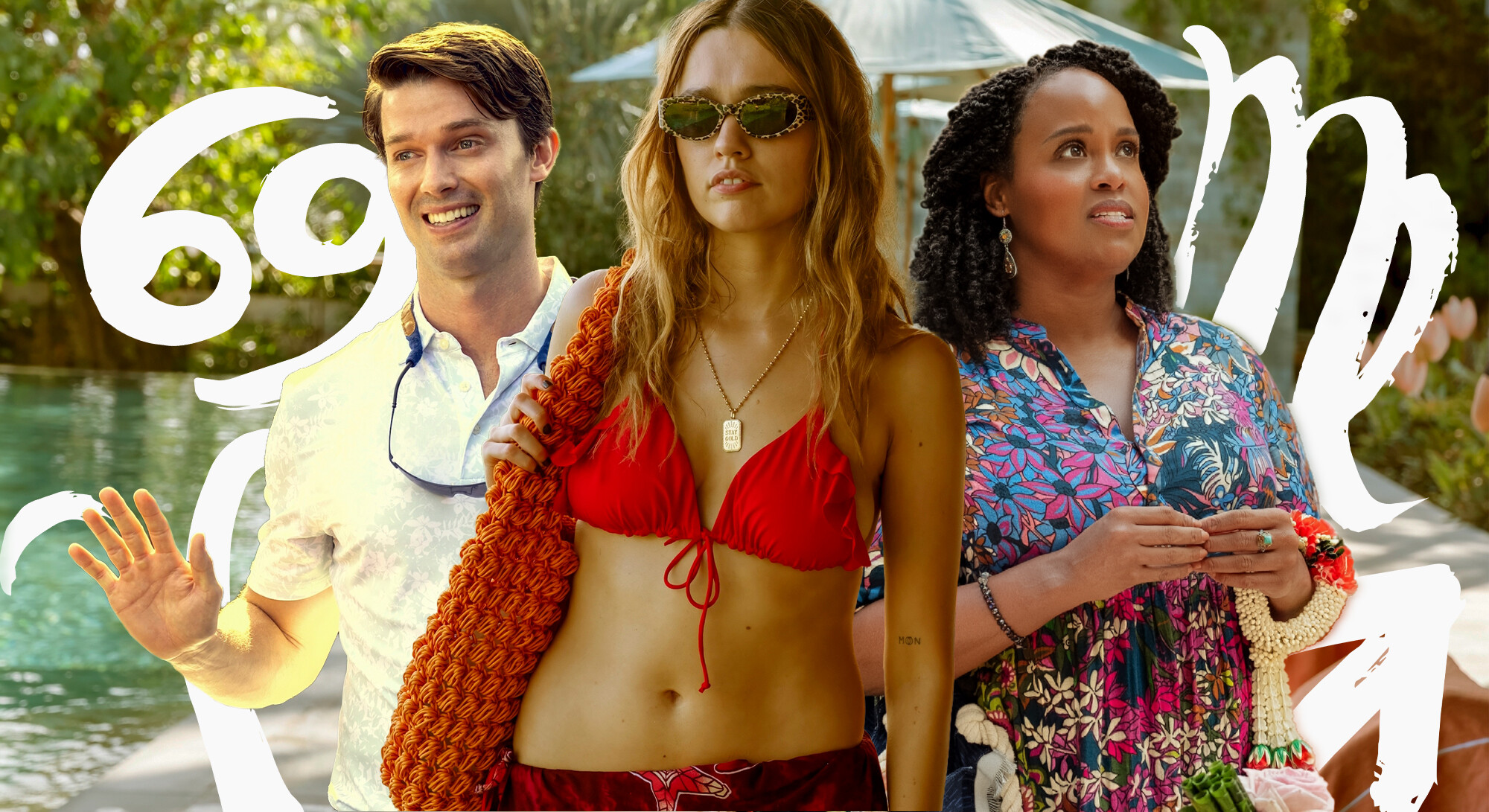 Three people are by a swimming pool with vacation accessories; large white signs of zodiac signs are over the photo.