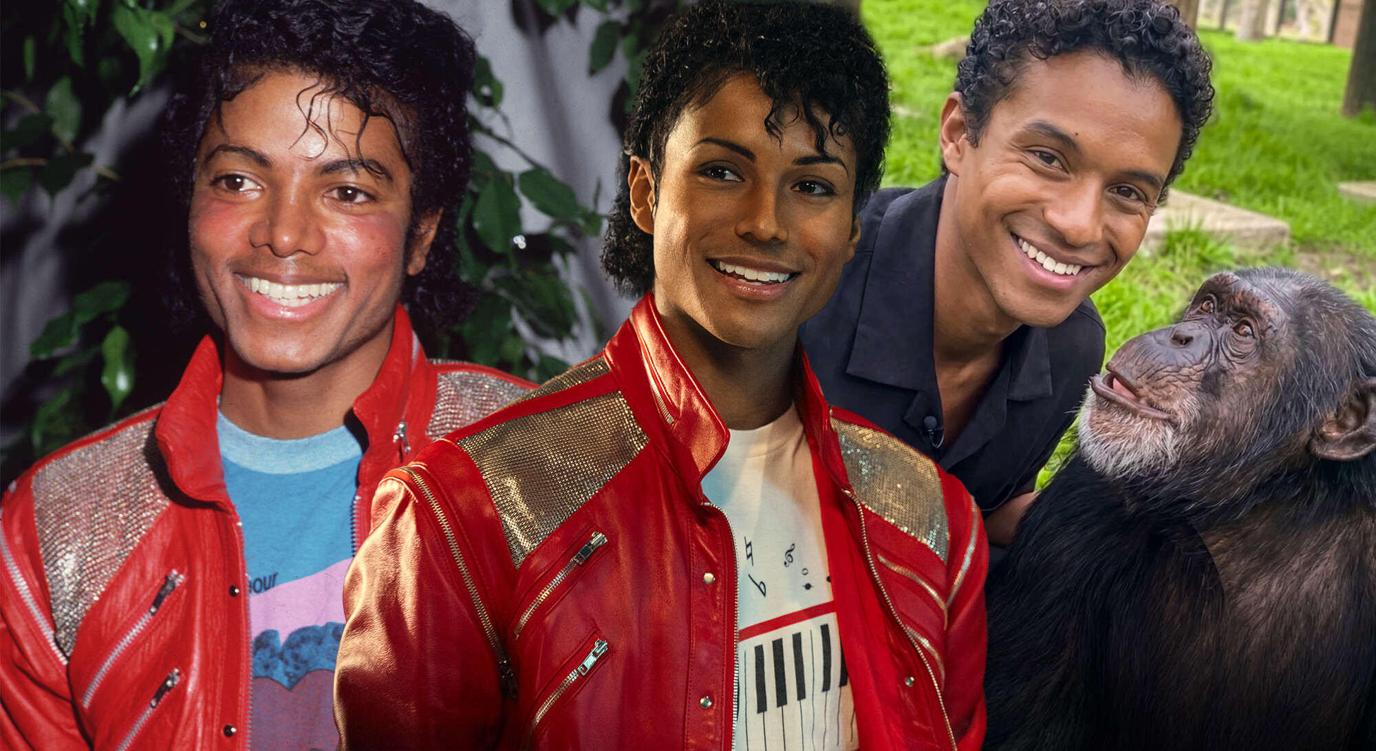 Michael Jackson, Jaafar Jackson and chimpanzee Bubbles side by side in a composite image accompanying the story about Bubbles.