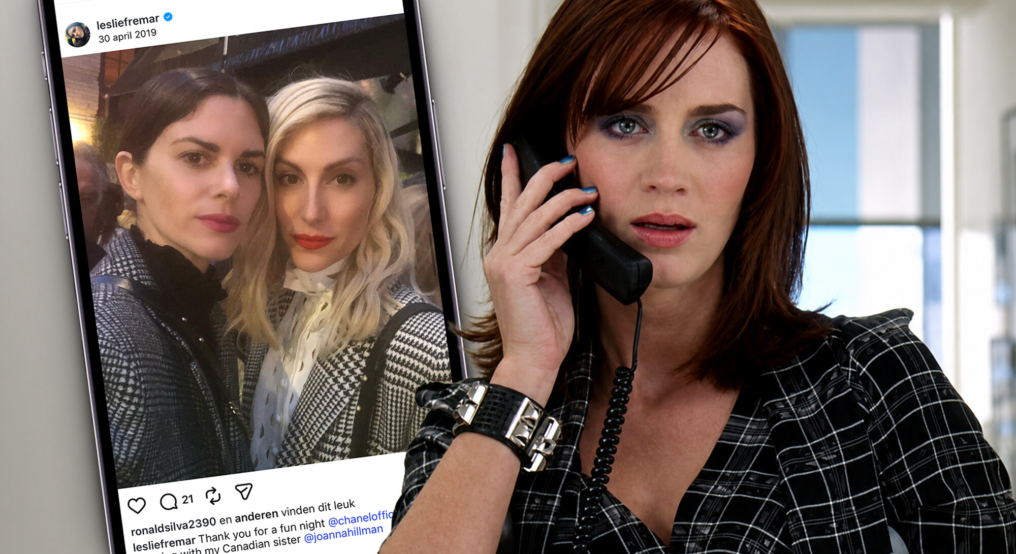 Een vrouw met rood haar praat aan de telefoon, terwijl naast haar een groot telefoonscherm zichtbaar is met een Instagramfoto van twee vrouwen die samen poseren.