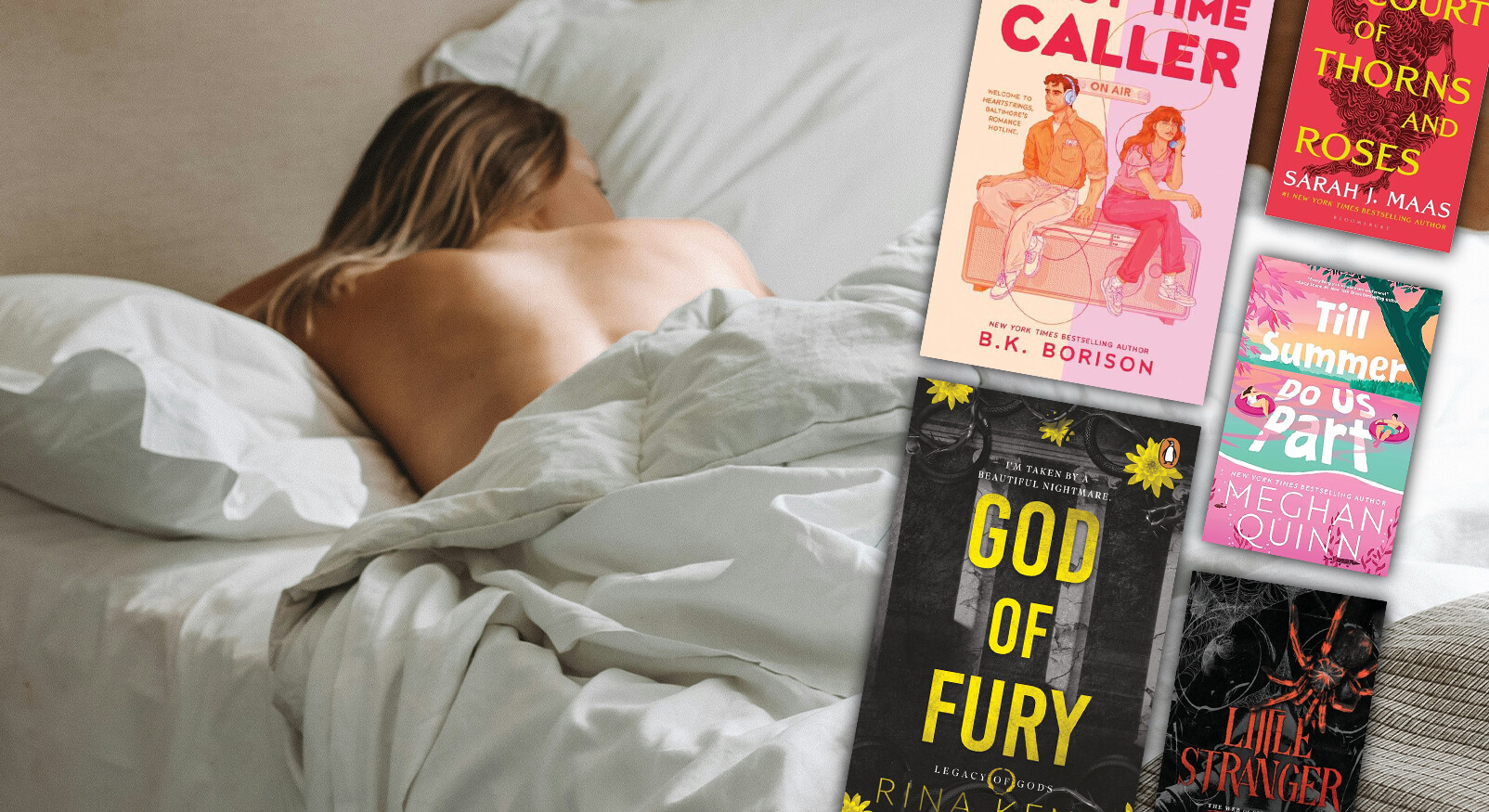 vrouw haar rug in bed en beelden van boeken