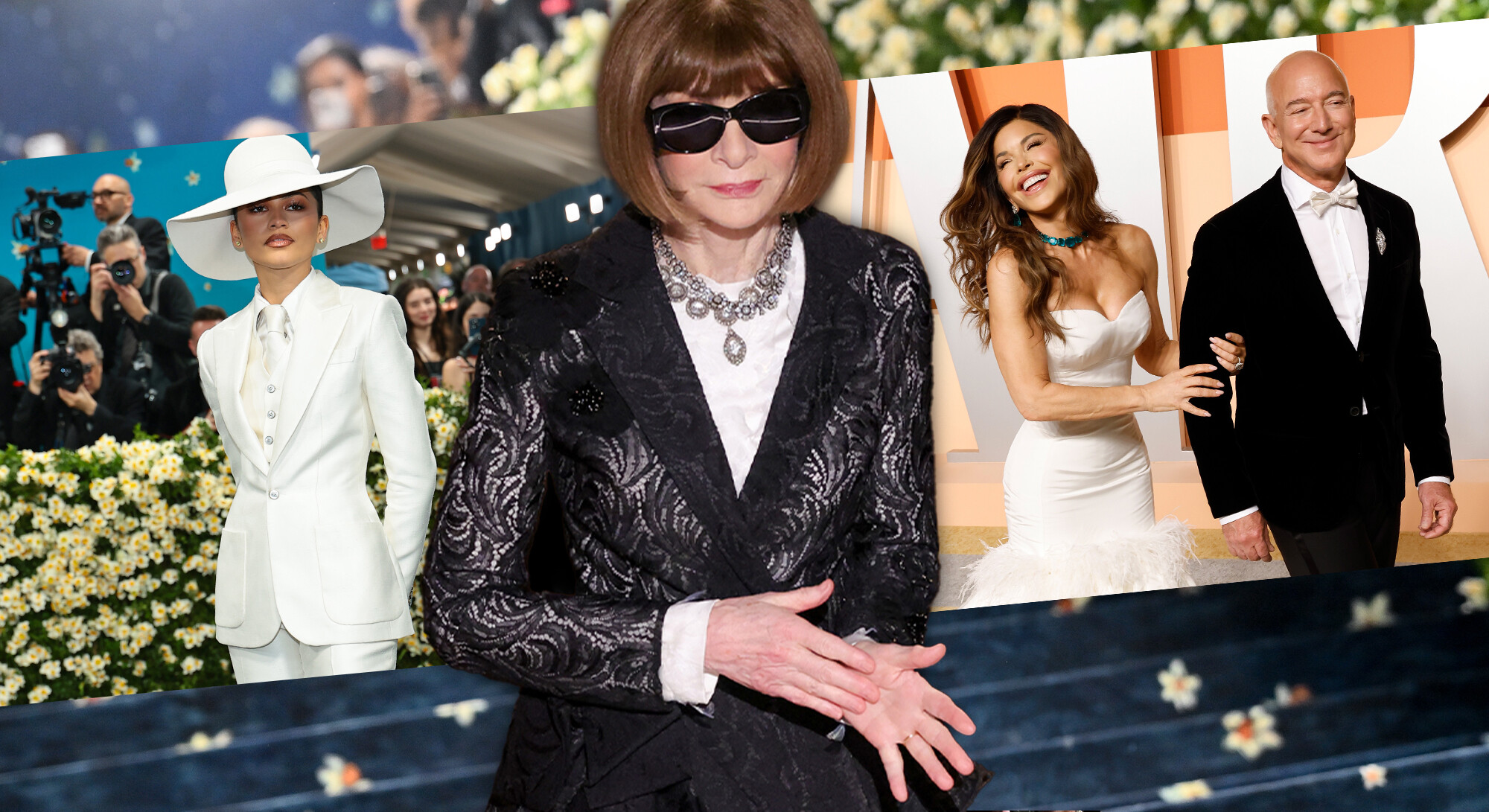 Een collage van beroemdheden op een evenement met een loper, waarschijnlijk het Met Gala. Links staat Zendaya in een volledig wit pak met een bijpassende hoed. In het midden staat Anna Wintour in een zwarte kanten jas, een opvallende ketting en haar kenmerkende zonnebril. Rechts staan Lauren Sánchez en Jeff Bezos arm in arm; zij draagt een witte strapless jurk en hij een klassieke zwarte smoking. Op de achtergrond zijn fotografen en bloemstukken zichtbaar.