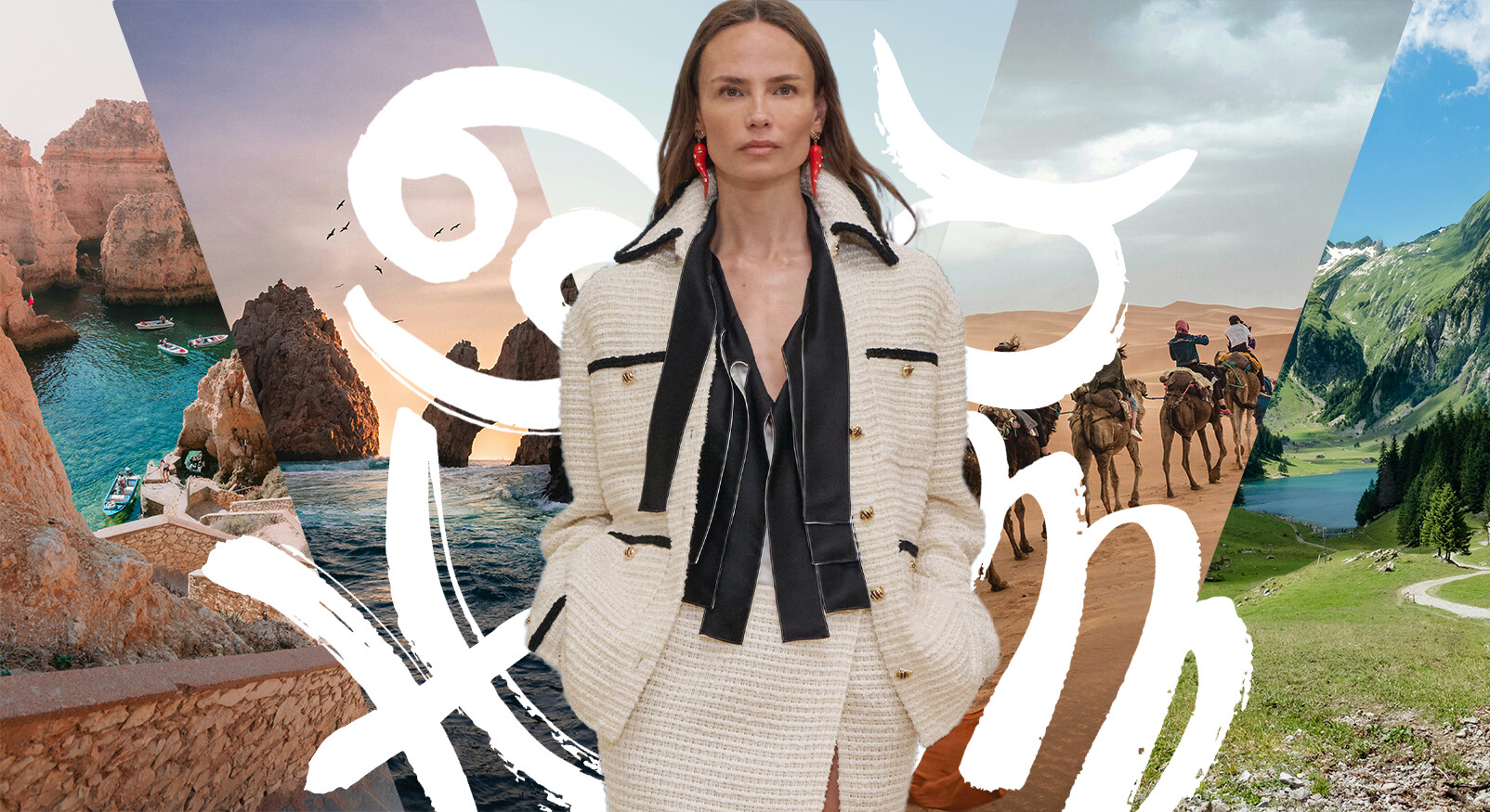 Een collage van verschillende vakantiebestemmingen rondom een centraal geplaatste vrouw in een modieuze witte outfit. De landschappen tonen van links naar rechts: een rotsachtige kust met blauw water, een zonsondergang bij zee, een karavaan kamelen in de woestijn en een groen berglandschap met een meer. Witte, abstracte lijnen in de vorm van sterrenbeelden verbinden de verschillende beelden.