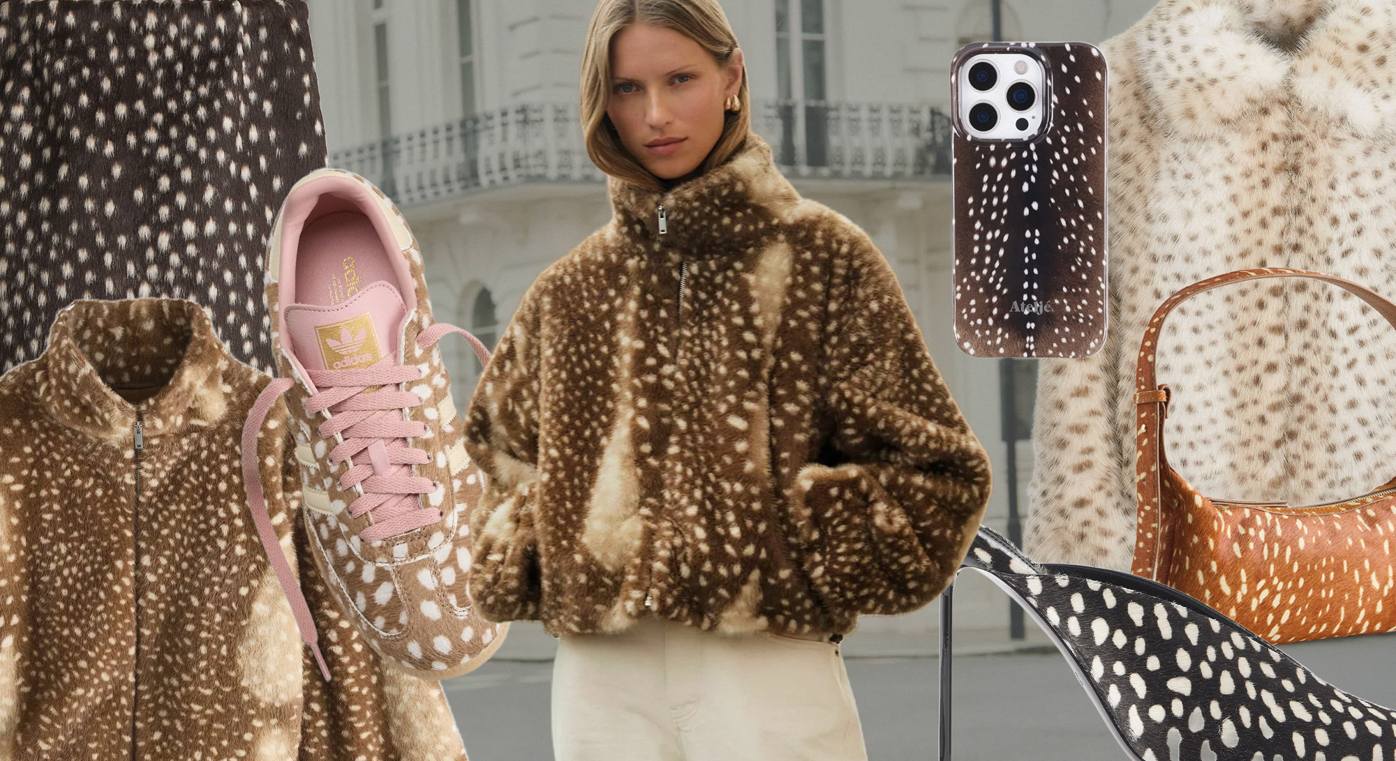 Modecollage met jas, sneaker, telefoonhoesje, tas en hakken in Bambi-print.