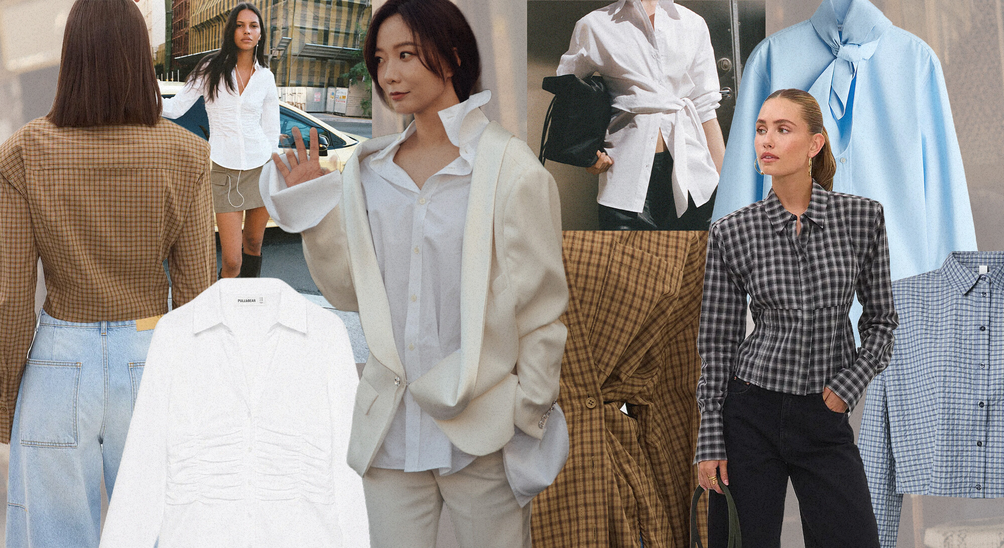 Collage met verschillende stijlvolle overhemden, van witte blouses met opstaande kraag tot geruite en lichtblauwe varianten, als inspiratie voor de back-to-office-trend.