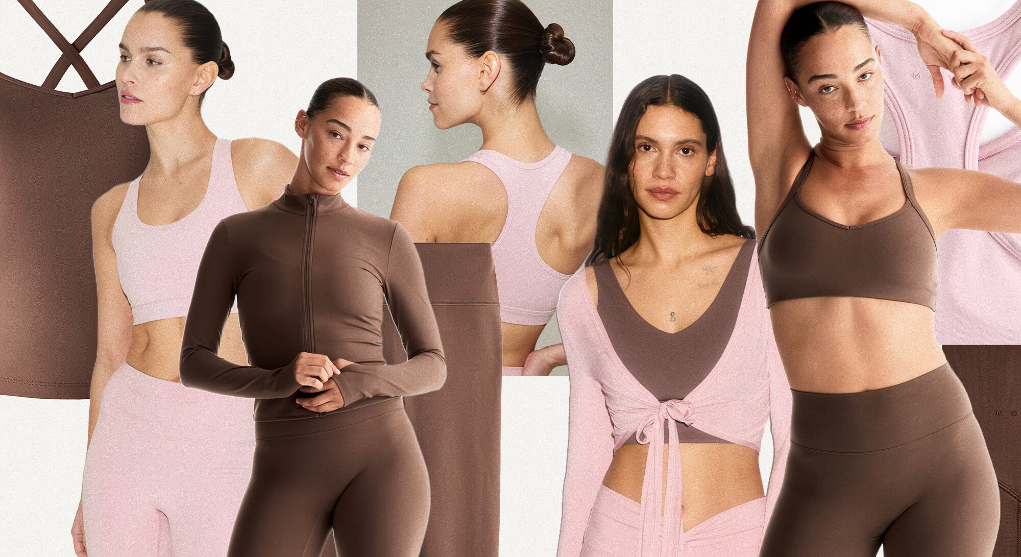Models in pink and brown H&M sports sets with leggings, sports bras, and sports vests with Alo vibes.