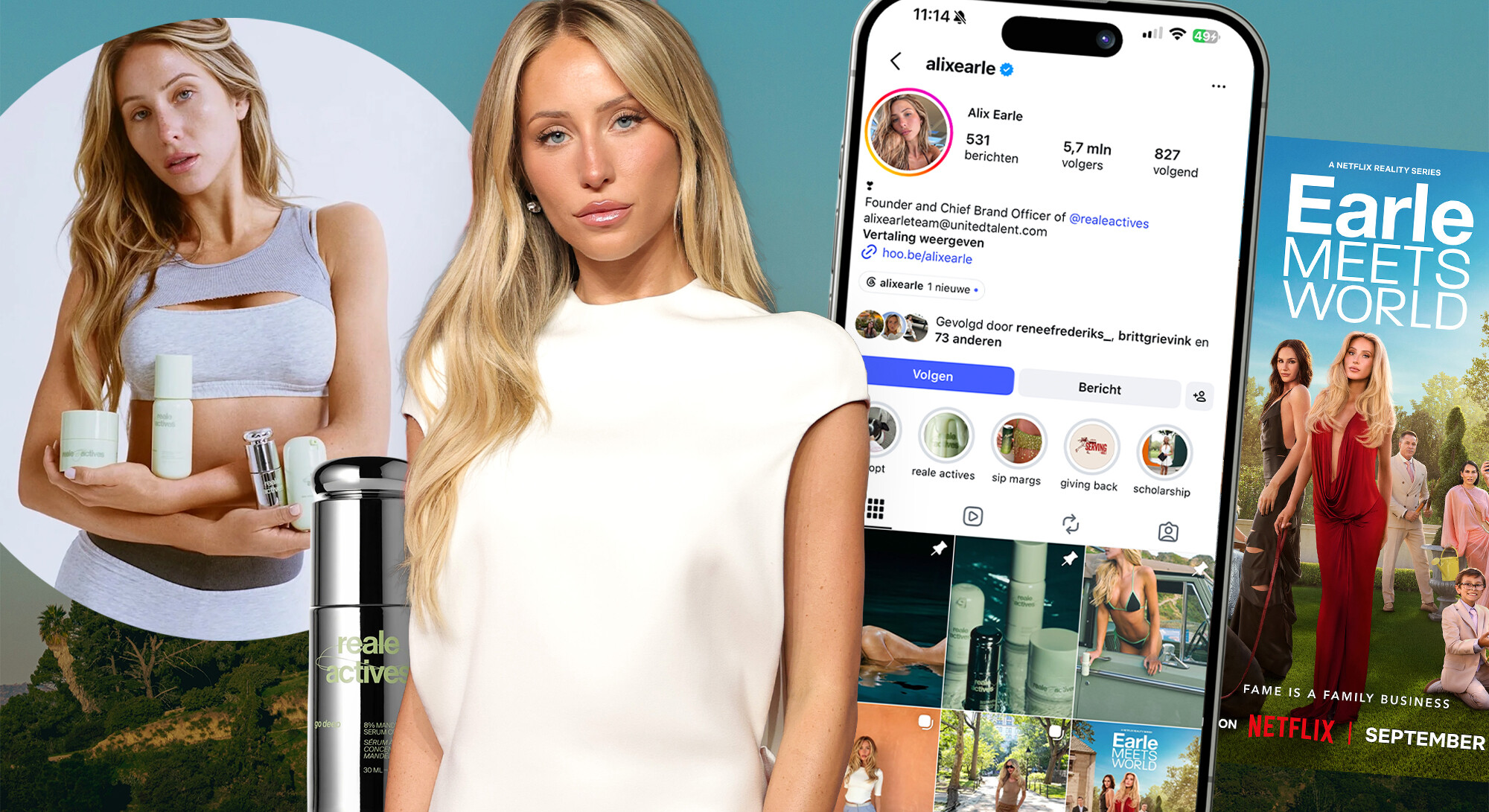Alix Earle in collage met haar Instagram-profiel, Reale Actives-skincare en Netflix-serie Earle Meets World.