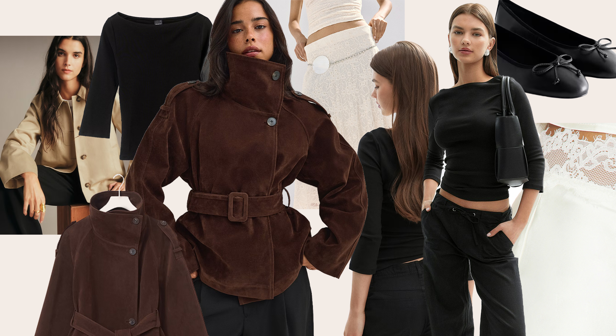 Modecollage met zwarte en bruine kledingstukken, waaronder een suède jas, zwarte top, witte kanten rok en zwarte ballerina’s
