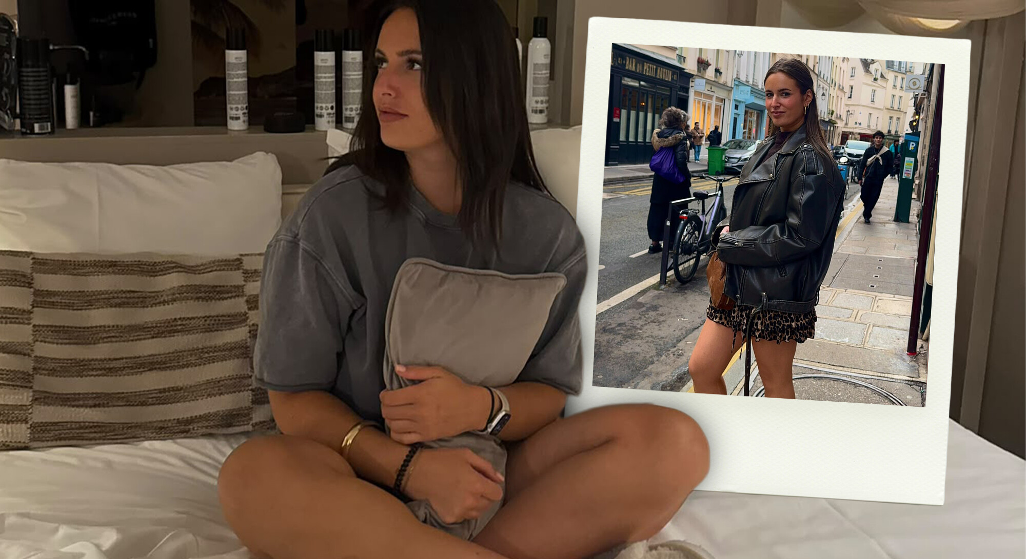 Carlijn zit op bed met een kussen in haar armen, naast een foto van haar op straat in een zwarte leren jas.