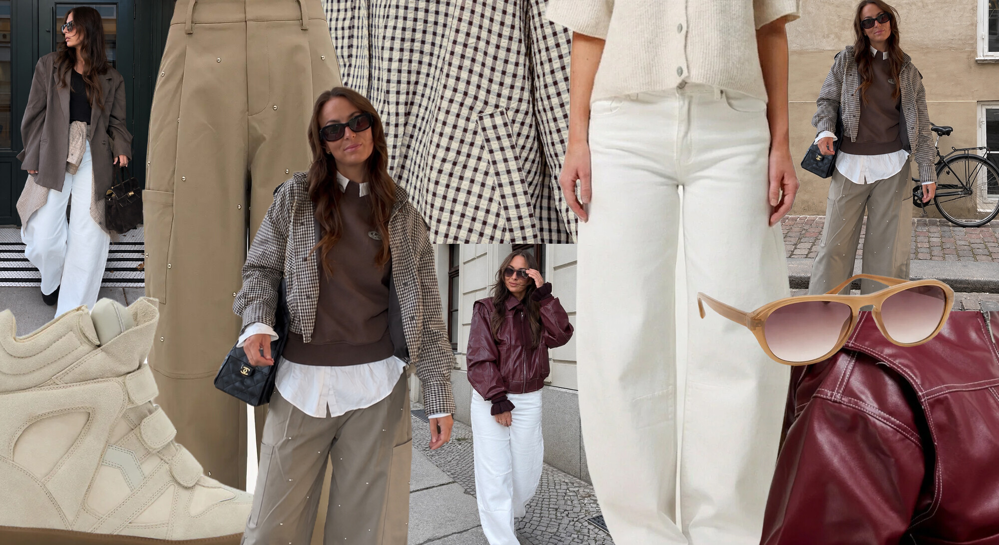 Collage met vijf stijlvolle herfstlooks in neutrale tinten, met witte broeken, beige cargobroek, geruite jasjes, bruine sweater, bordeaux leren jack, crèmekleurige sneakers en zonnebrillen.
