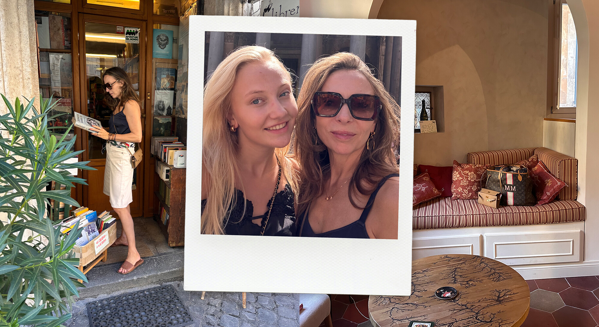 Collage van een boetiekappartement in Rome met een vrouw bij een boekwinkel, een Polaroidfoto van twee vrouwen en een sfeervolle zithoek met rood gestreepte bank en houten tafel.