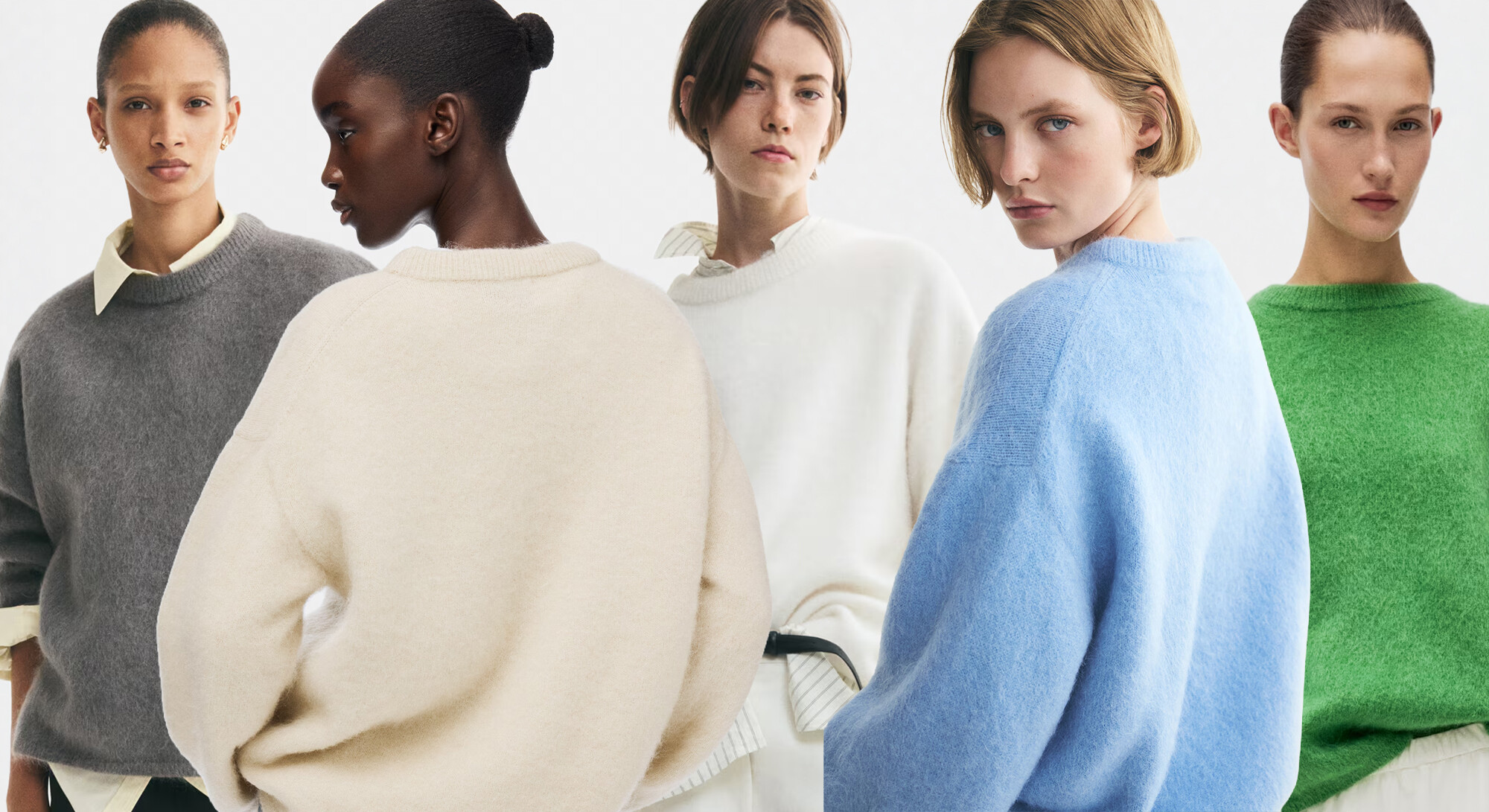 Five models wear the popular fluffy mohair sweater from H&M in gray, cream, white, light blue, and green. ChatGPT can make mistakes. Check important information.