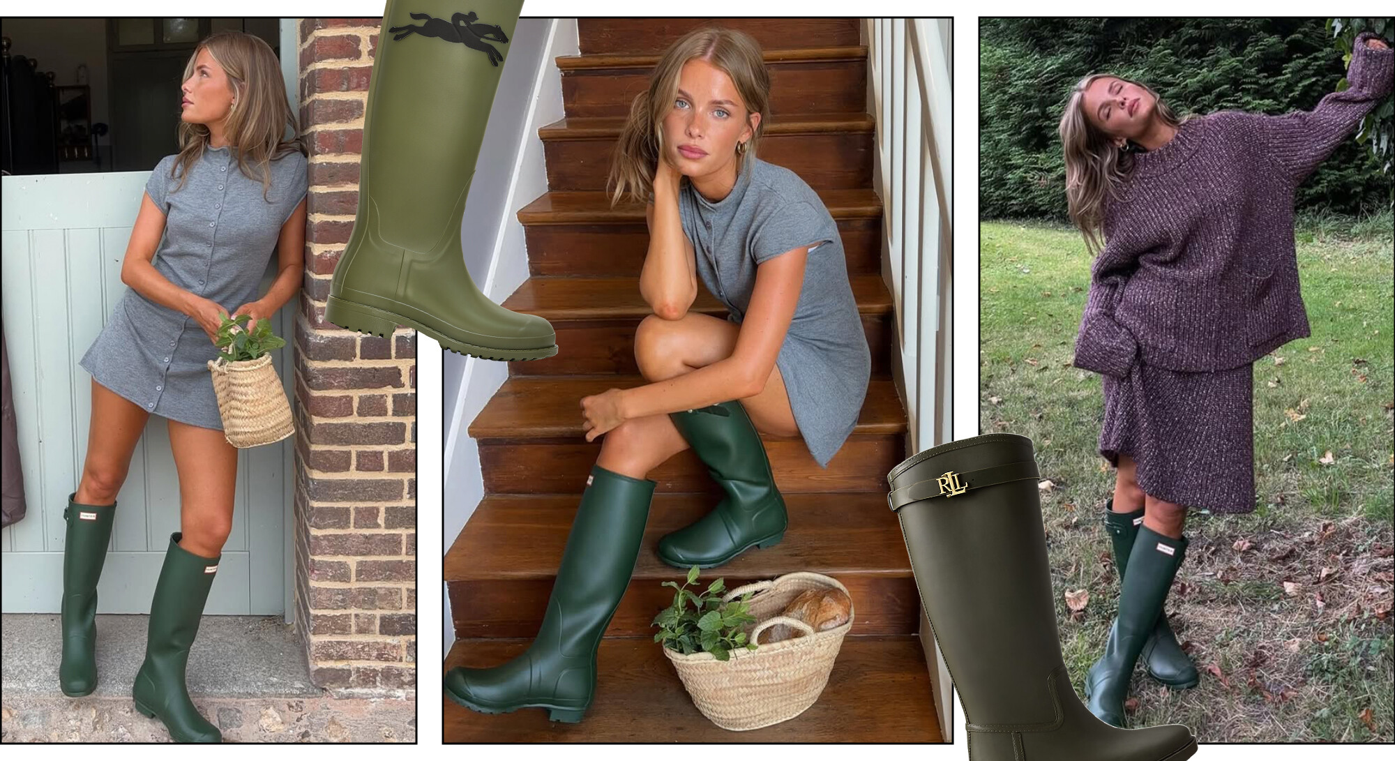 Groene regenlaarzen gestyled onder herfstoutfits met een grijze jurk en een paarse gebreide set.