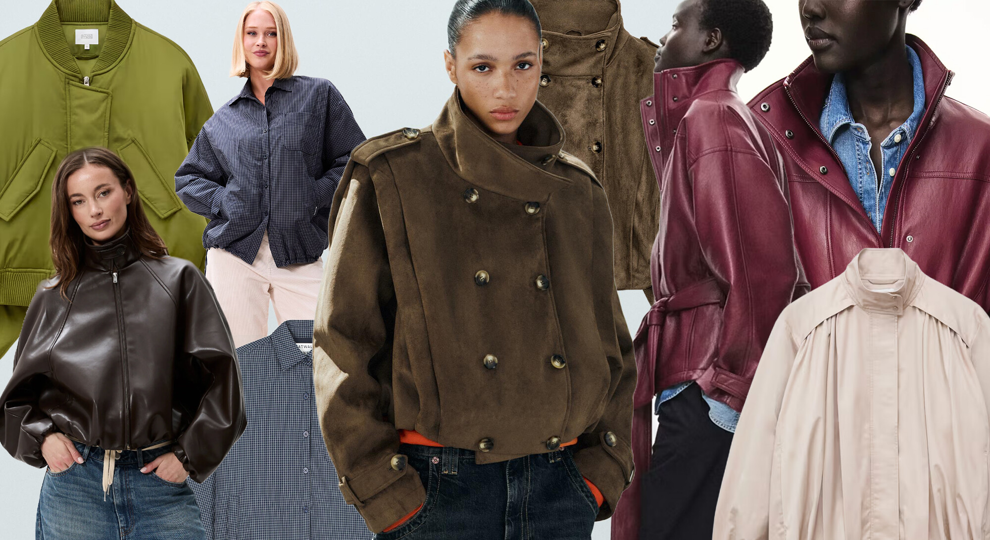 Collage with seven trendy transitional jackets for women in green, brown, red, and beige for autumn 2026.