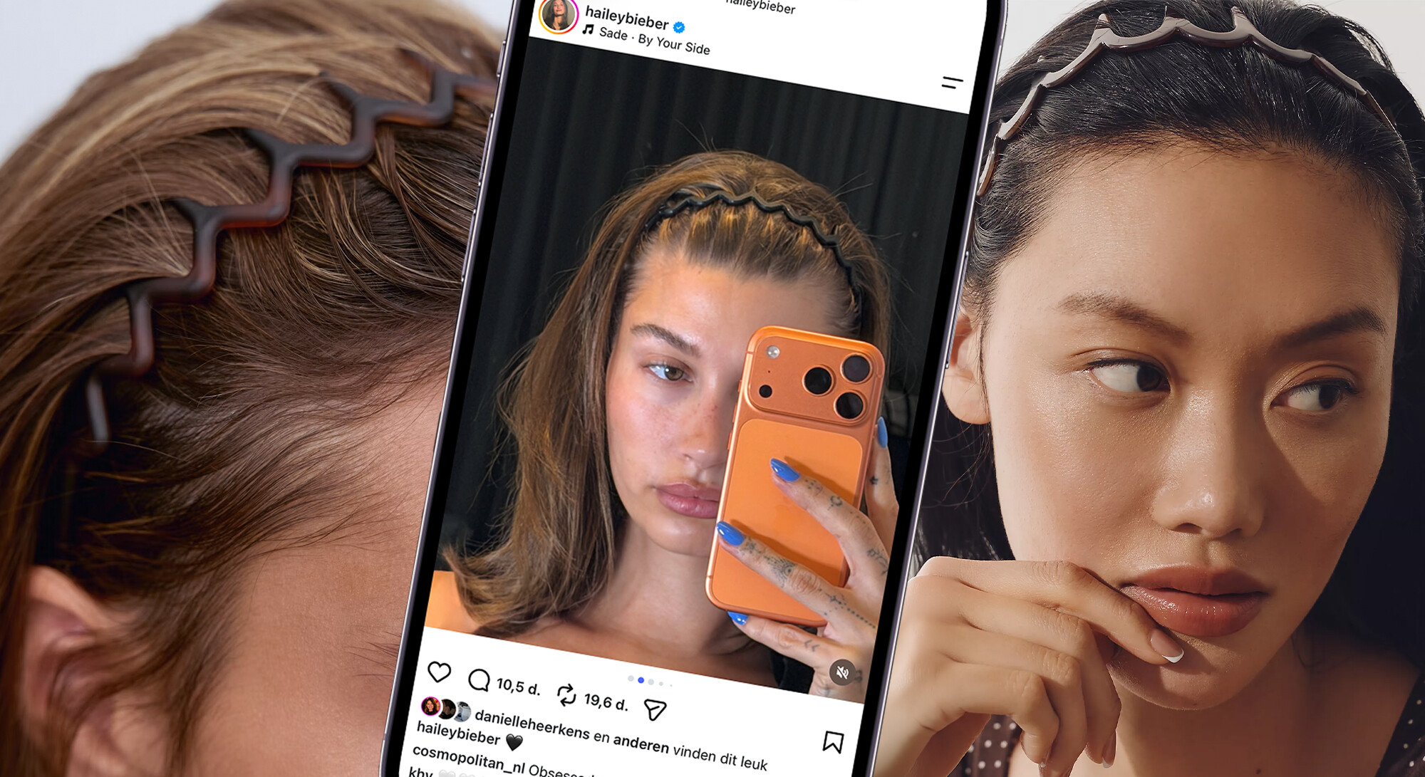 Close-up of the zigzag headband making a comeback, with Hailey Bieber as inspiration for the hair trend.