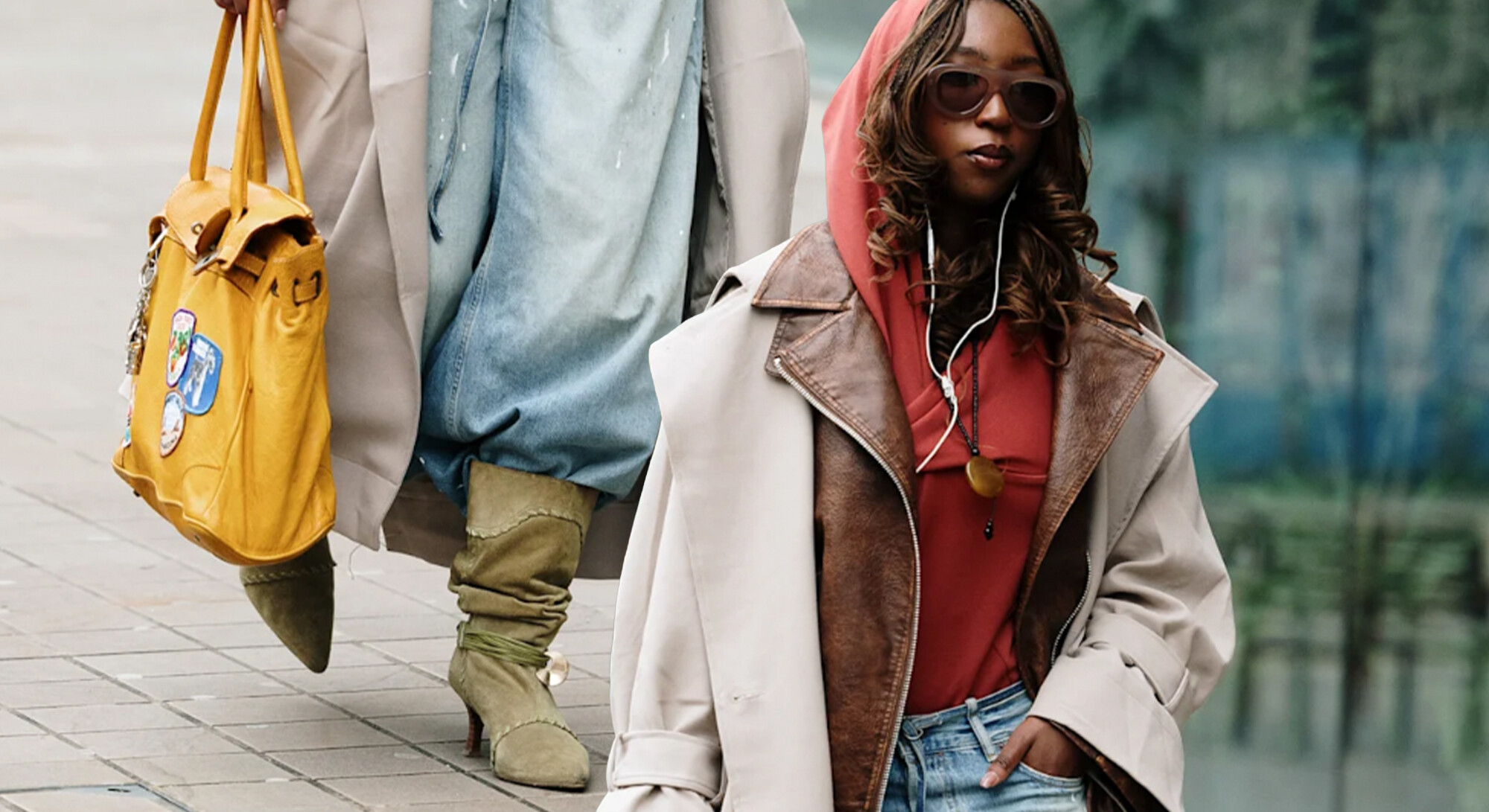 Two street style looks with striking layers, including a beige trench coat, brown leather jacket, red hoodie, denim, and a yellow bag with patches.