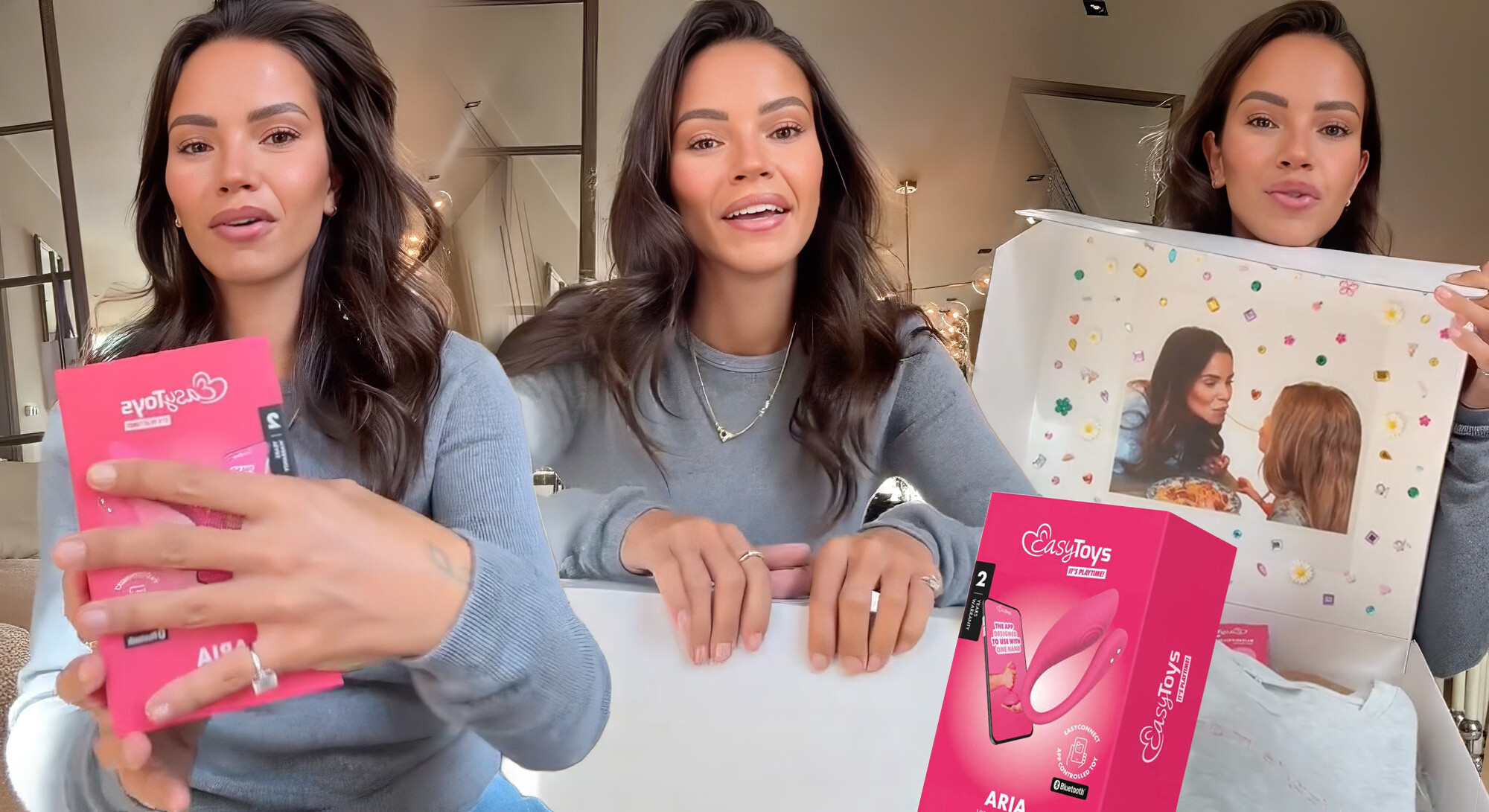 Woman opens a pink EasyToys package and shows a pink sex toy from a gift box.