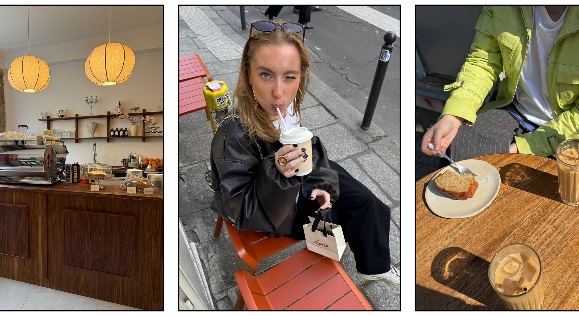 Collage van koffietentjes in Parijs met een café-interieur, een vrouw met koffie en een tafel met iced coffee en cake.