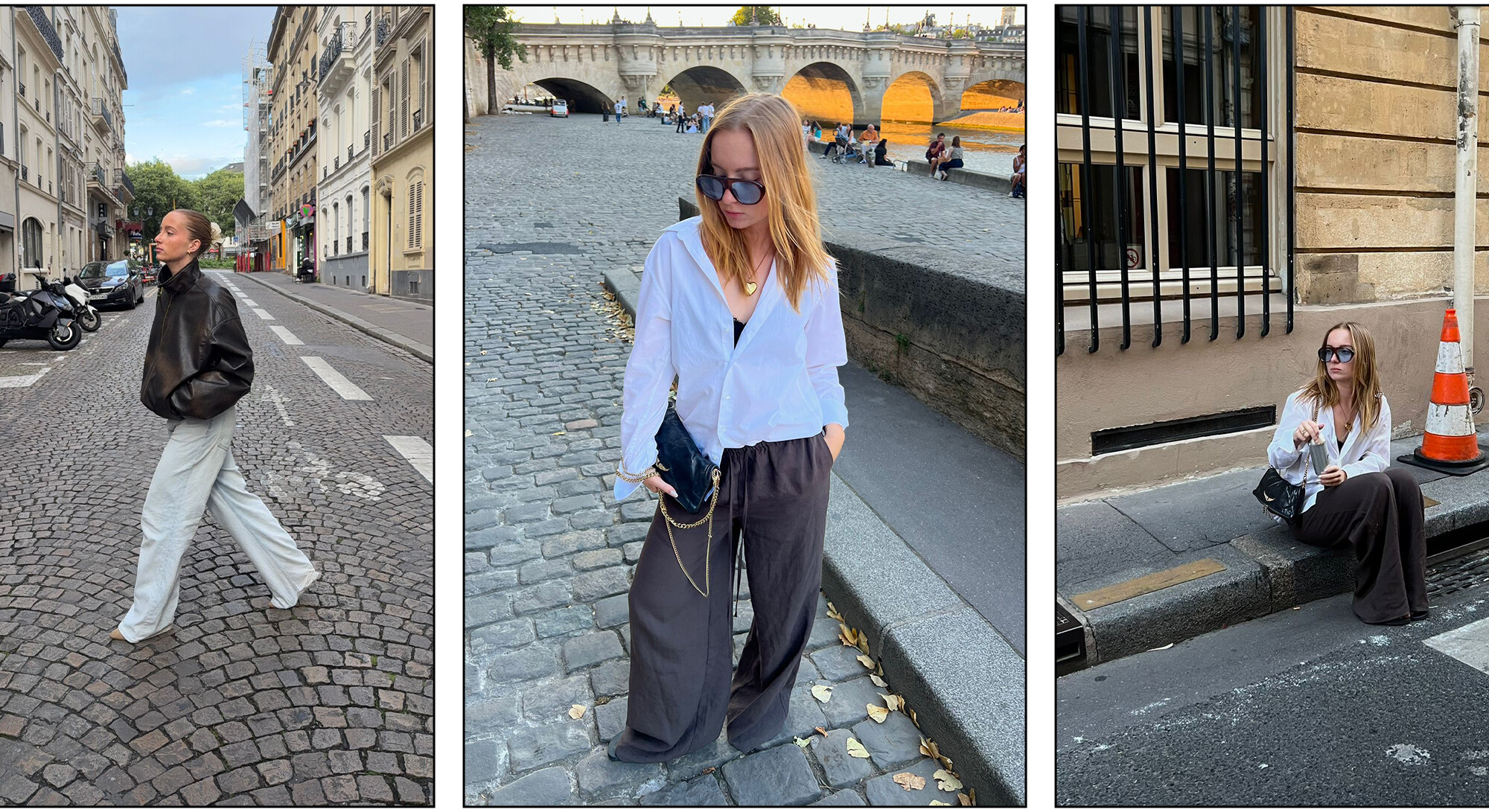 Collage van drie streetstylefoto’s in Parijs, met jonge vrouwen op geplaveide straten, langs de Seine en op een stoep voor klassieke Parijse gevels.