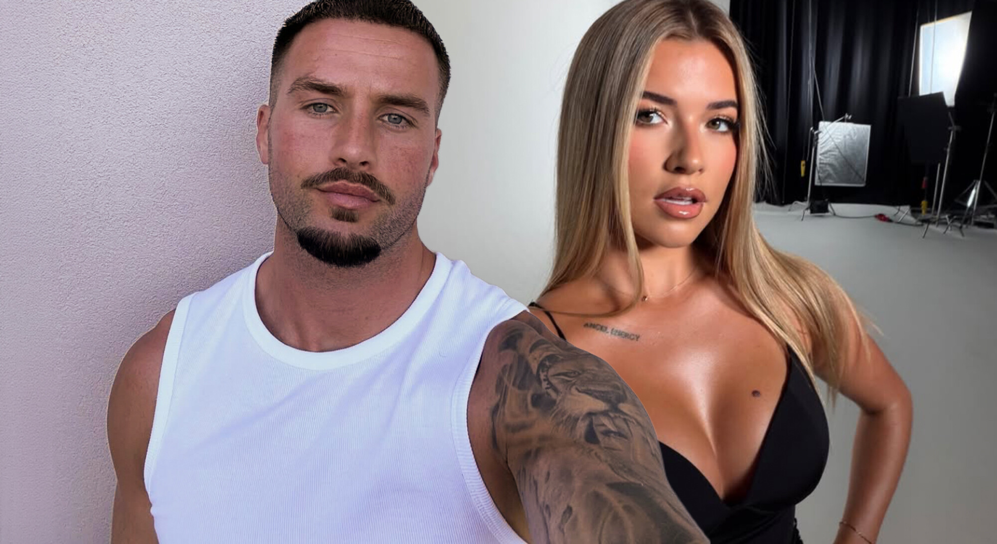 Fotocollage van Donny Roelvink in een witte tanktop en Jade Anna in een zwarte top in een fotostudio.