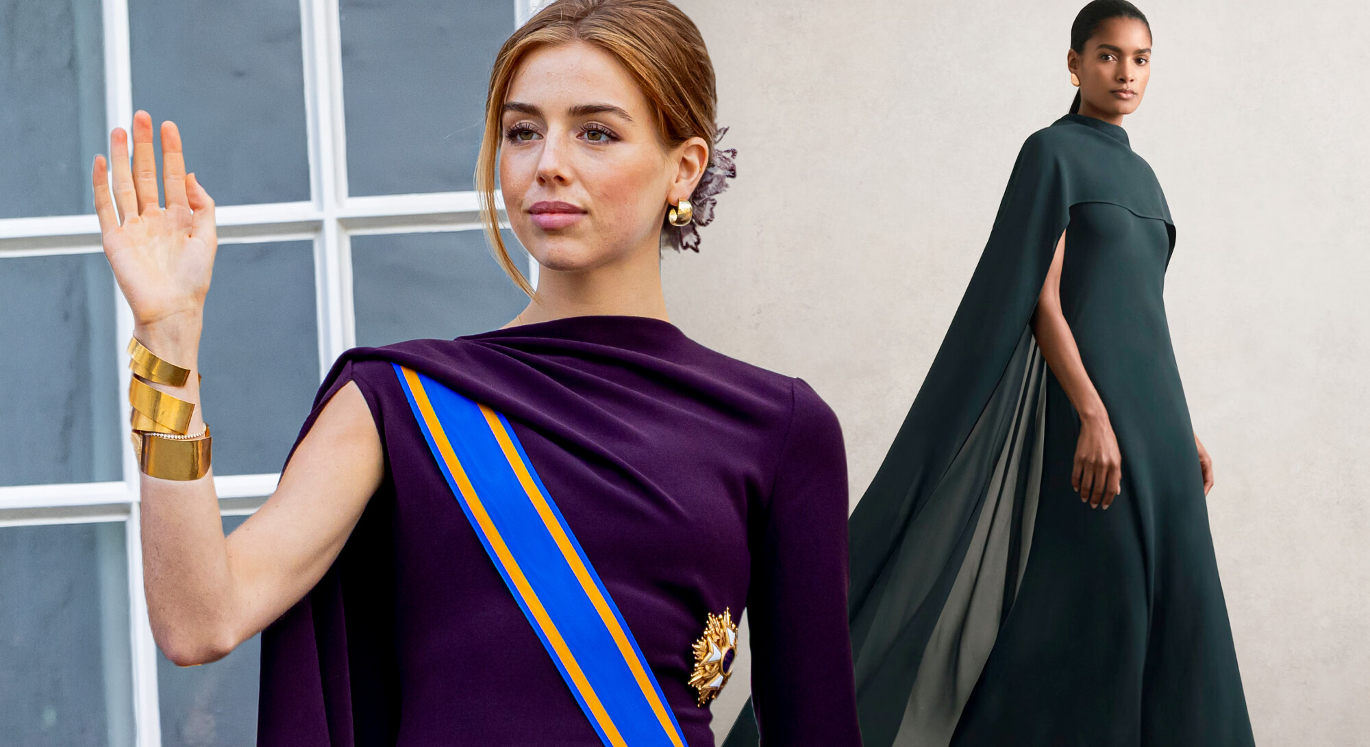 Princess in a purple cape dress with a royal sash next to a model in a dark green cape dress from Reiss.