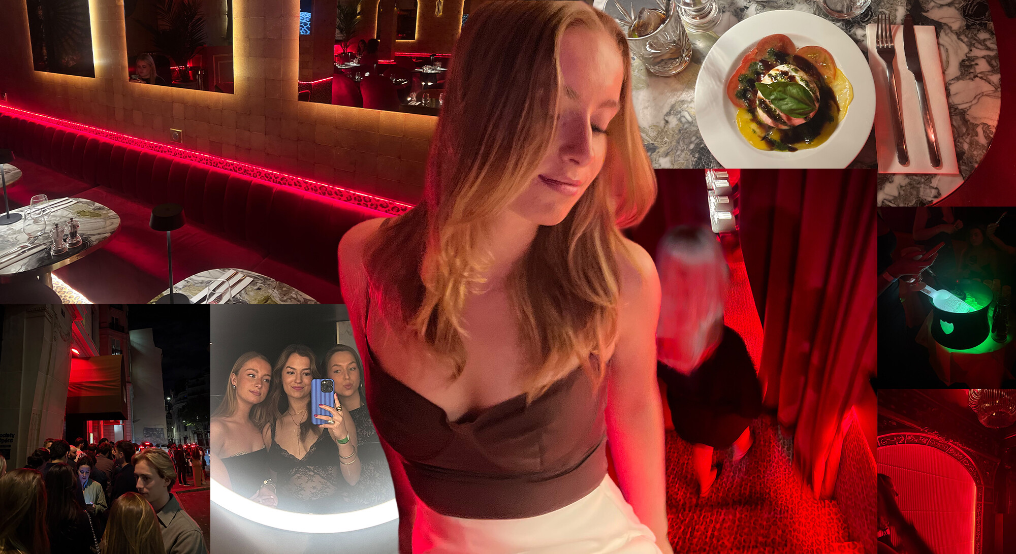 Collage van een avond uit in Parijs met een vrouw in een restaurant, cocktails, diner, vriendinnen en een drukke nachtclub in rode verlichting.