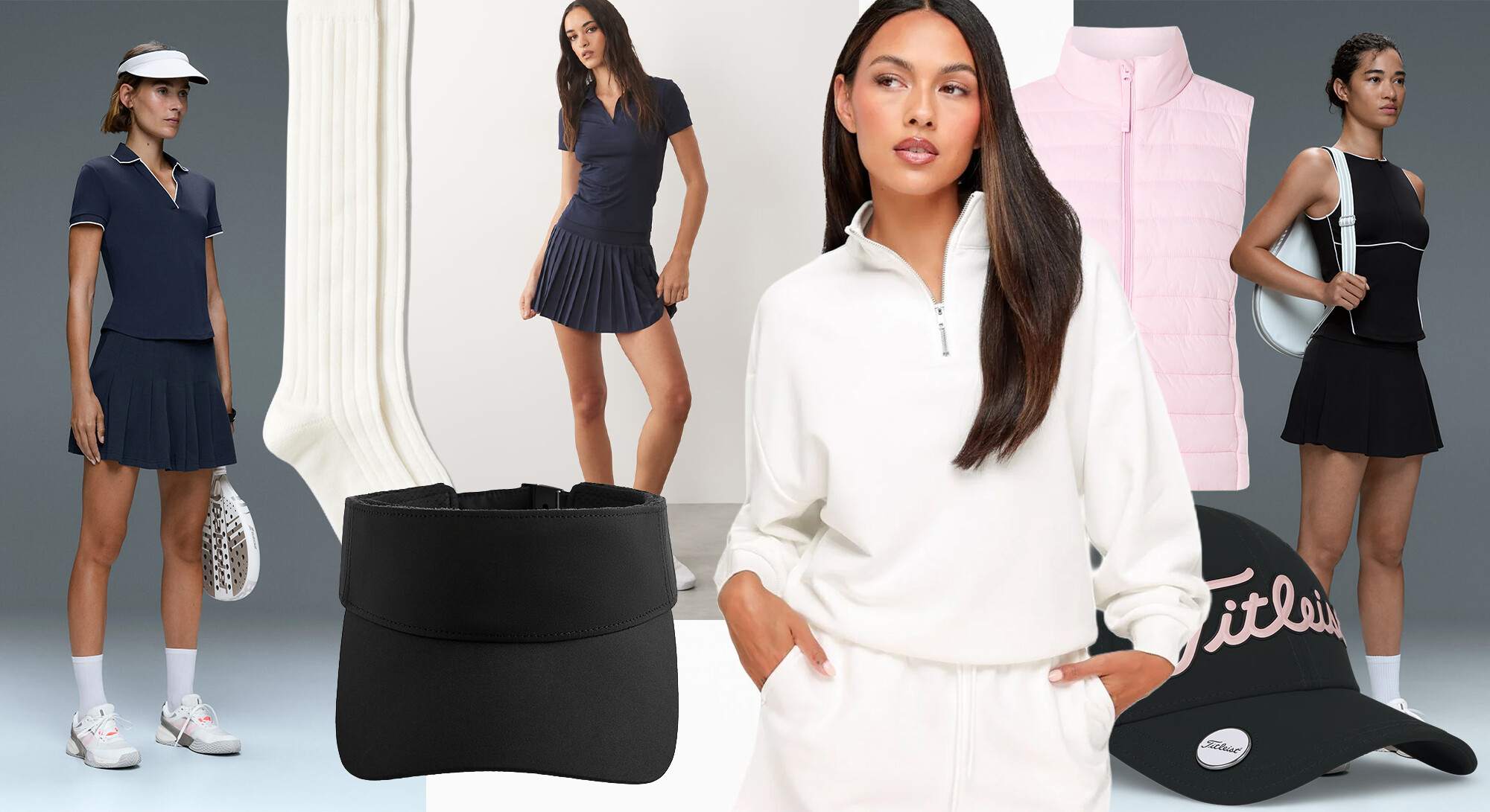 Ladies in stylish golf outfits with polos, golf skirts, sweaters, bodywarmers, visors, and golf caps.