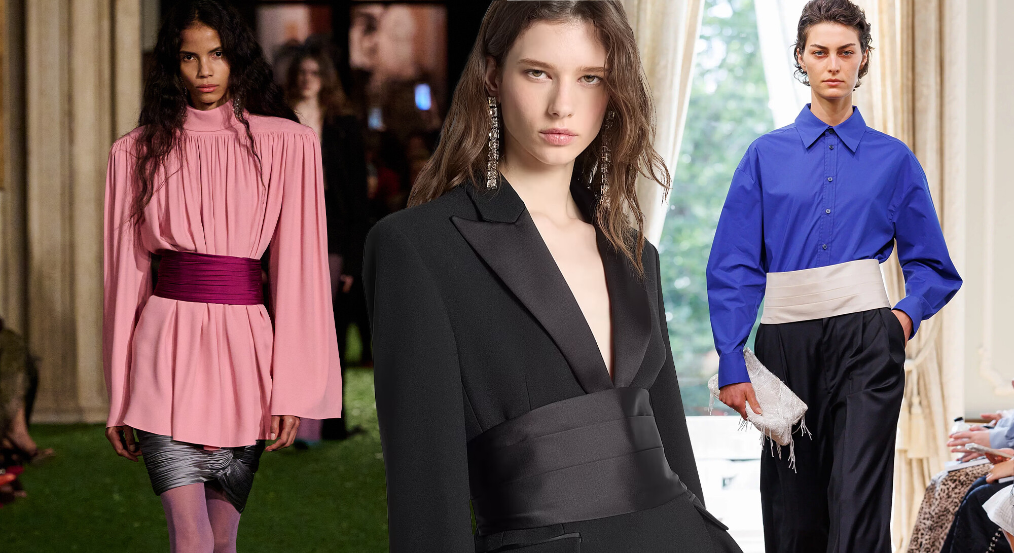 Drie modellen dragen een brede cummerbund: bordeauxrood over een roze blouse, zwart over een zwarte blazer en wit bij een blauwe blouse met zwarte broek.