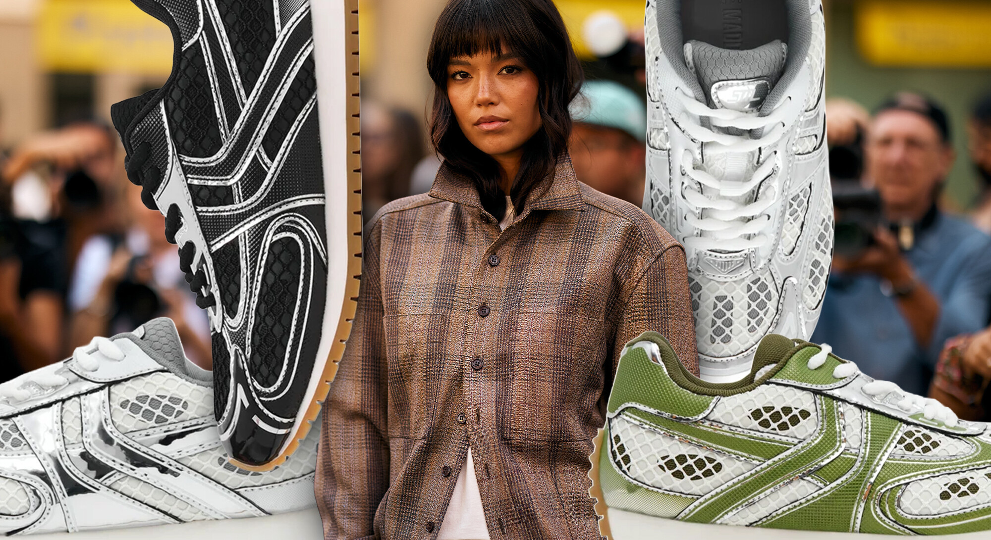 Collage van een vrouw in een bruin geruit jasje, omringd door zwarte, witte en groene sneakers met zilverkleurige details.