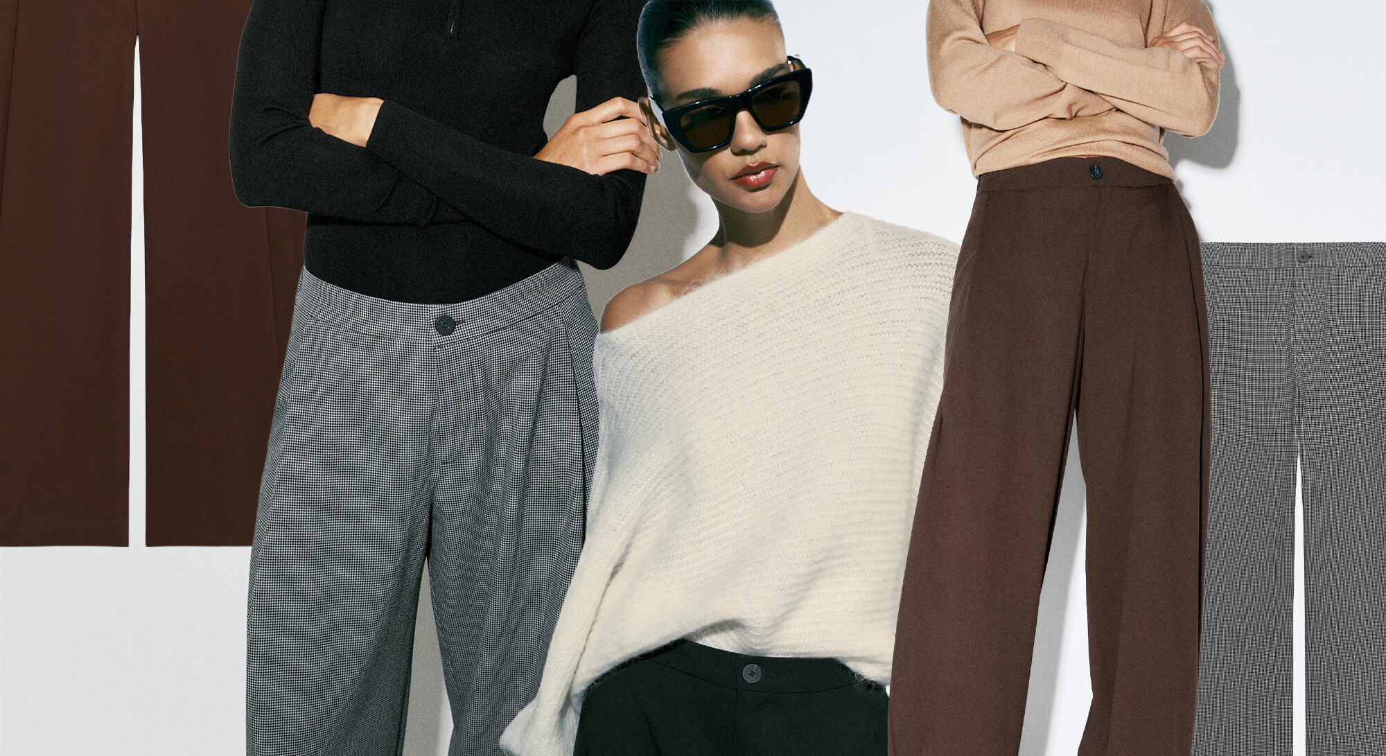Modellen dragen wijde pantalons in grijs en bruin gecombineerd met knitwear in een minimalistische Zara campagne