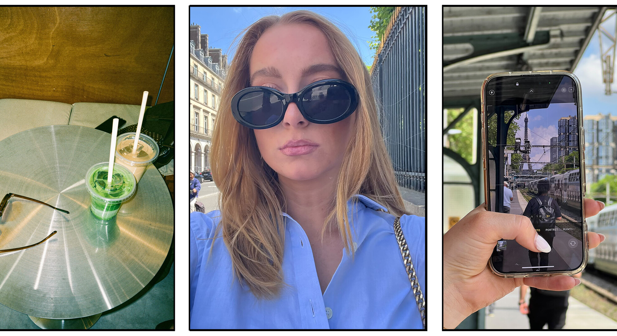 Collage van een weekendje Parijs met ijskoffie en matcha, een vrouw met zonnebril en een telefoonfoto van de Eiffeltoren.