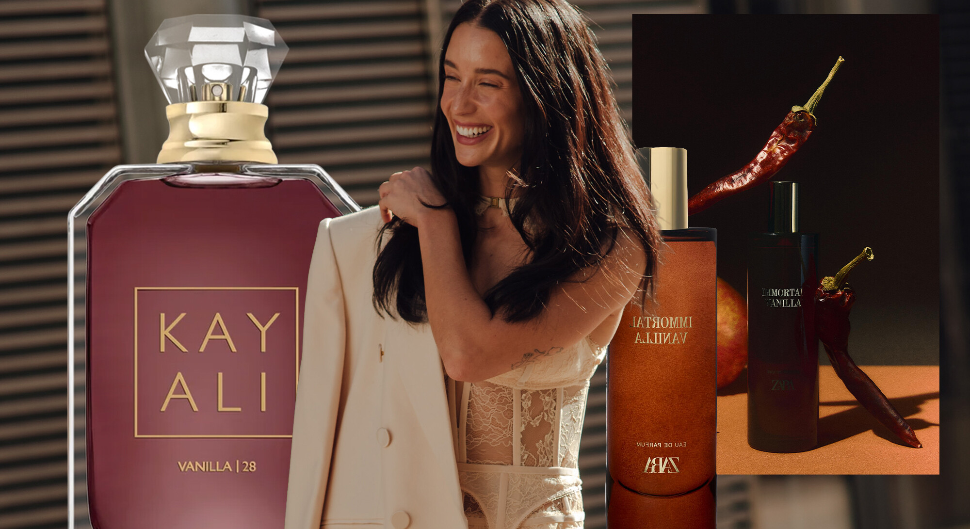 Collage van Kayali Vanilla | 28, Zara Immortal Vanilla en een lachende vrouw in een witte outfit.