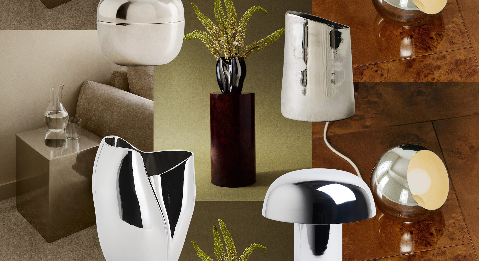 Collage with silver home accessories, including a chrome table lamp, vase, and side table, combined with warm wood tones and soft fabrics.