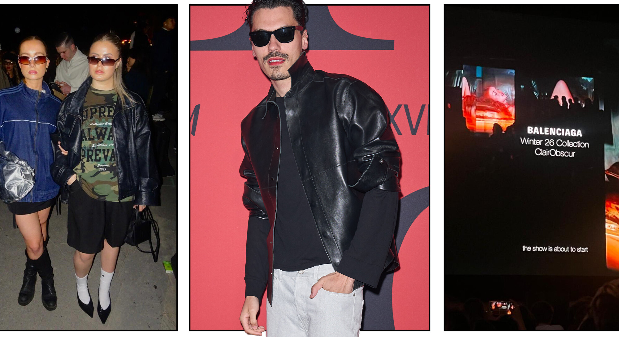 Collage met twee vrouwen in streetwear en zonnebrillen, een man in een zwart leren jack en een scherm dat de Balenciaga Winter 26-show aankondigt.