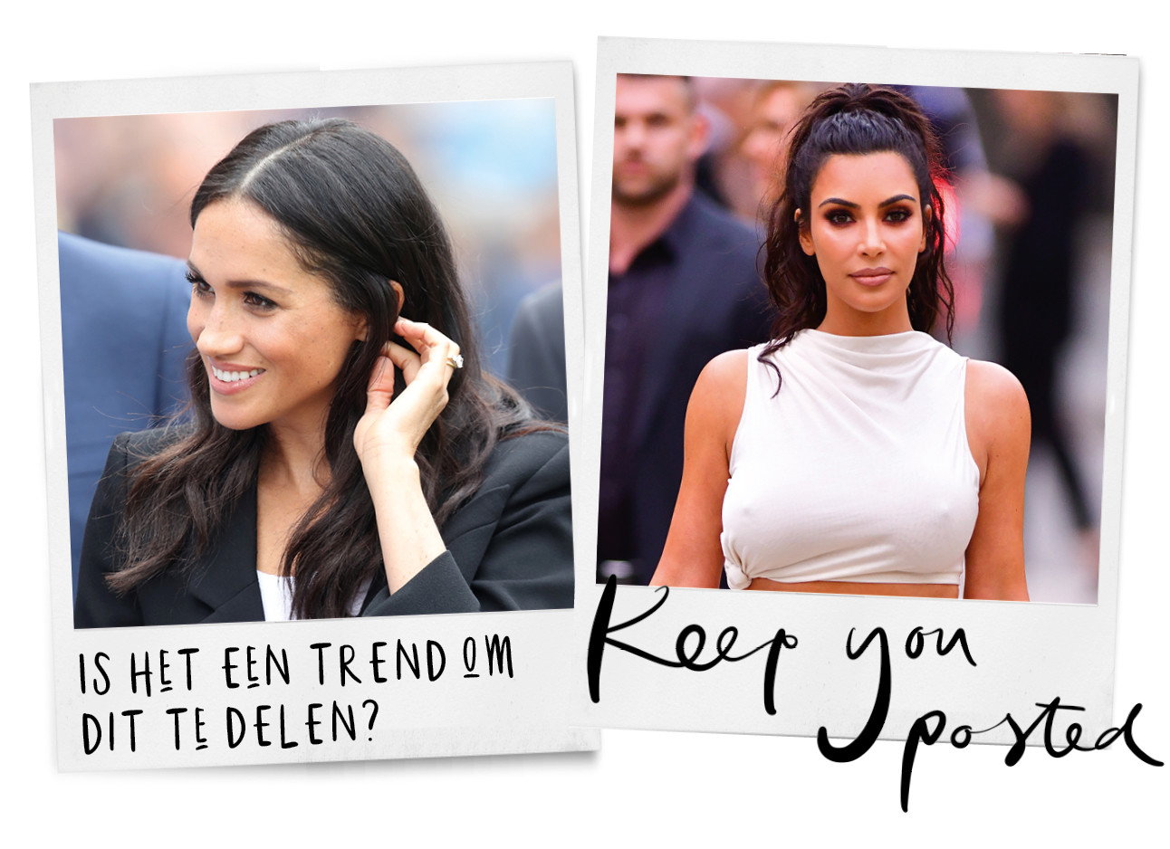 meghan markle lachend in zwarte blazer, is het een trend om dit te delen?, kim kardashian in witte outfit, keep you posted