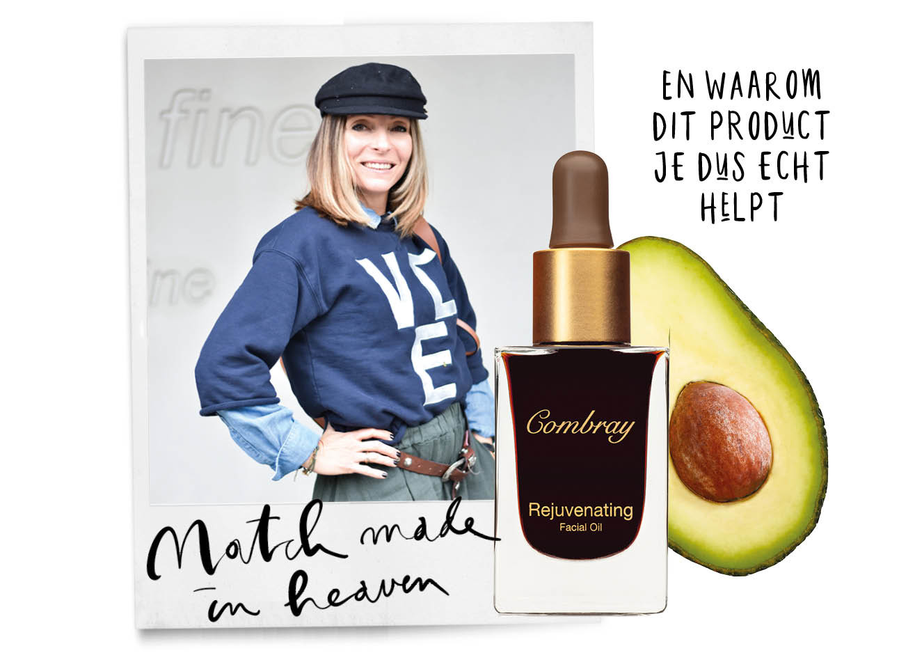 may-britt lachend met hoedje op love trui en combray olie avocado