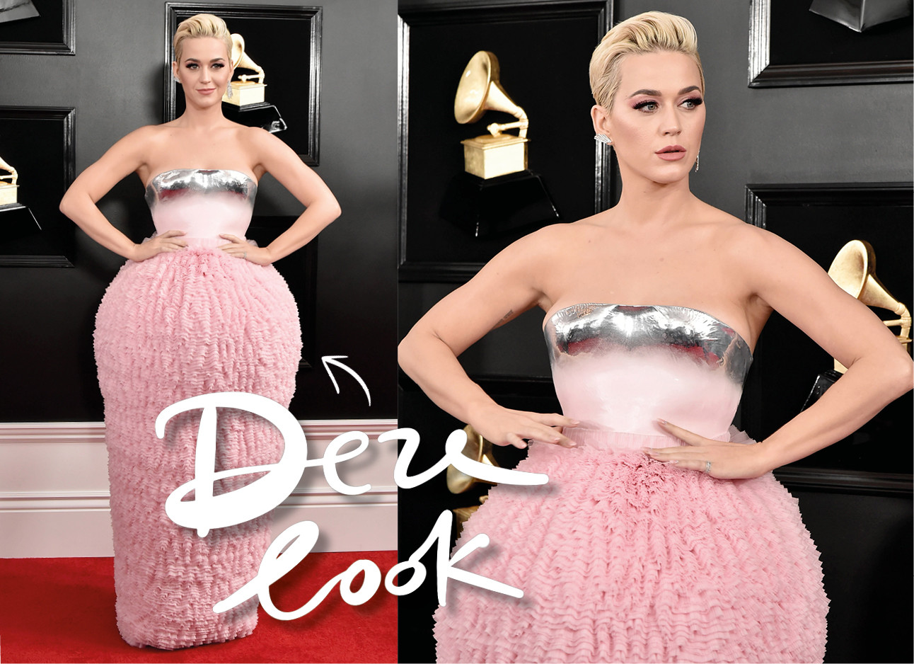 Katy Perry in haar Balmain suikerspin jurk bij de Grammys