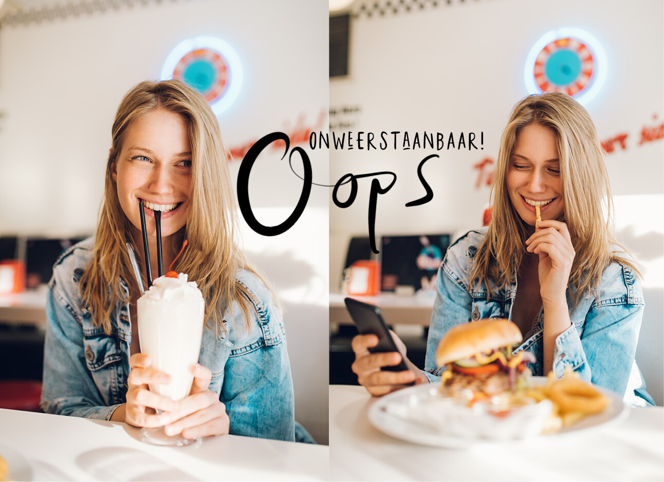 vrouw drinkt een milkshake en eet frietjes in een fastfood restaurant