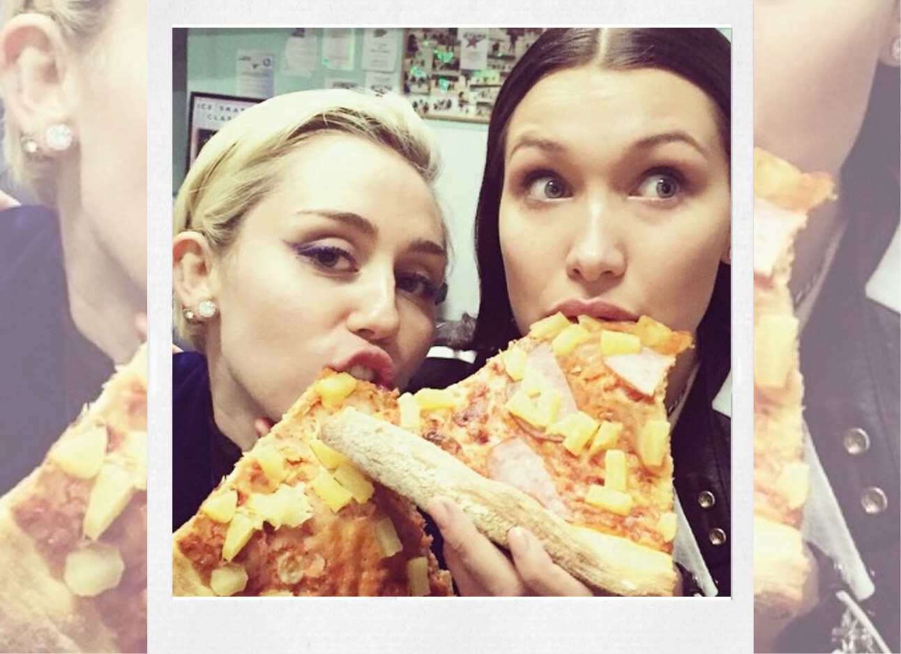 Miley Cyrus en Bella Hadid met een pizza hawaï