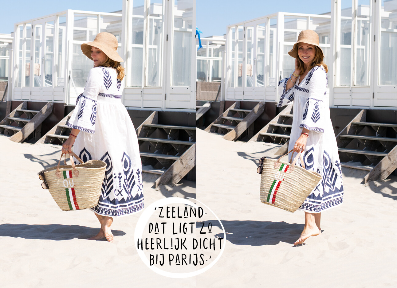 May-Britt Mobach lachend op het strand in een witte jurk
