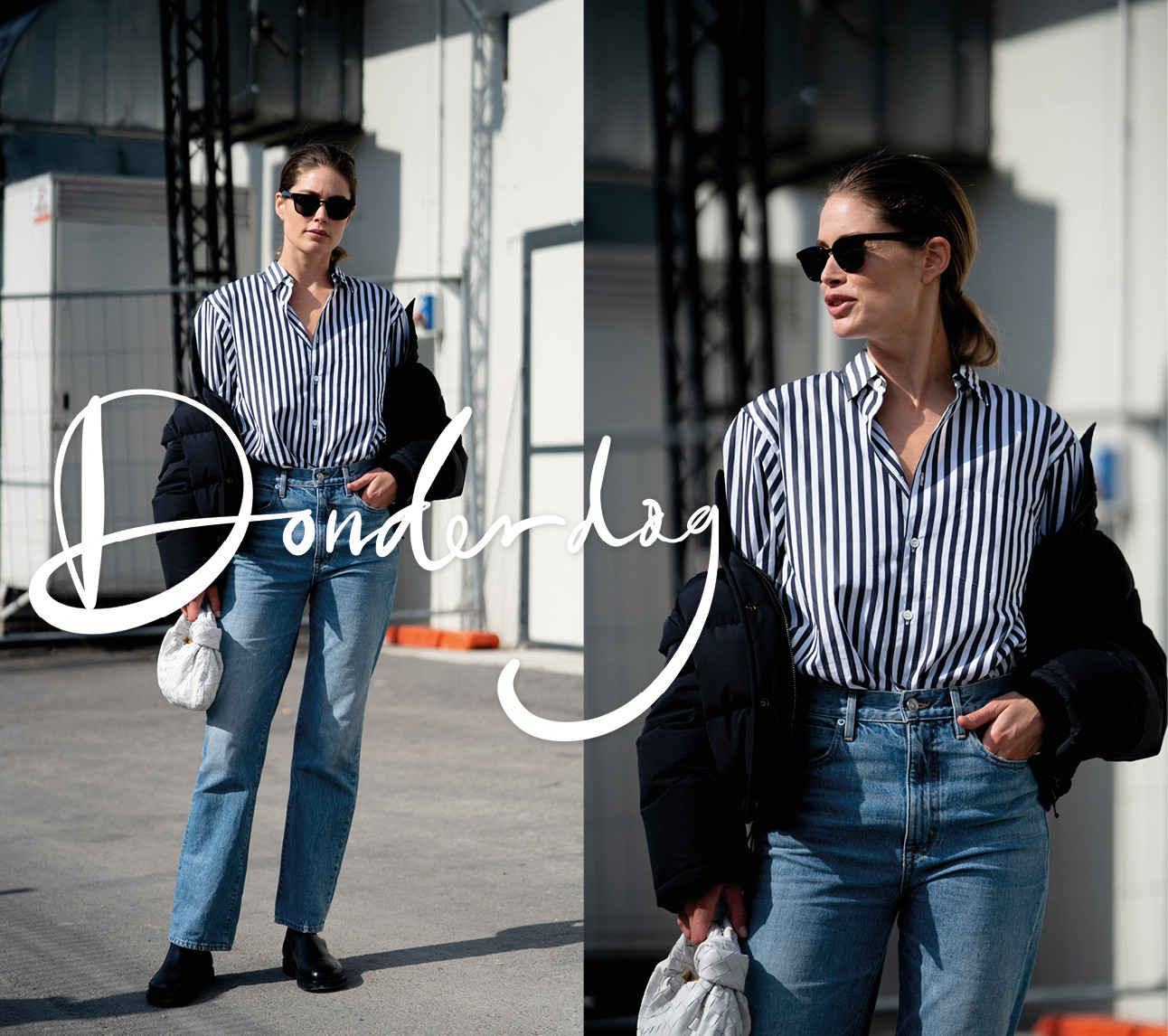 Doutzen Kroes op straat met een gestreepte blouse en jeans aan grote zwarte zonnebril streetwear