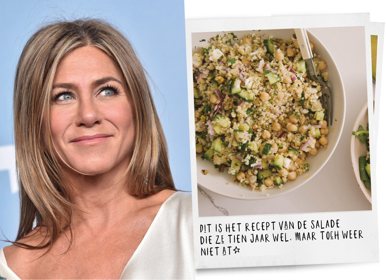 Jennifer Aniston lachend op de rode loper, TikTok salade Friends editie gezond lunch