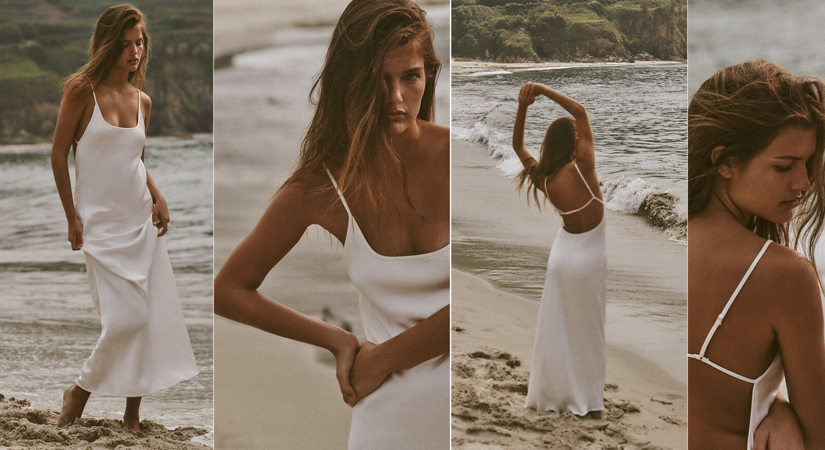 jurk satijn wit trouwjurk zara wit model strand zomer