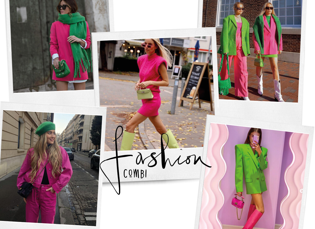 straatmodellen lopen in groen en roze kleding