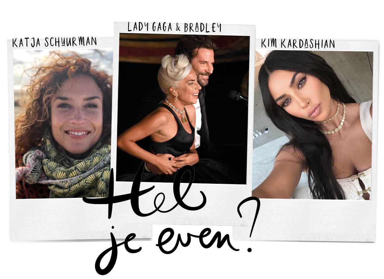 katja schuurman, lady gaga en bradley cooper achter een piano en een selfie van kim kardashian