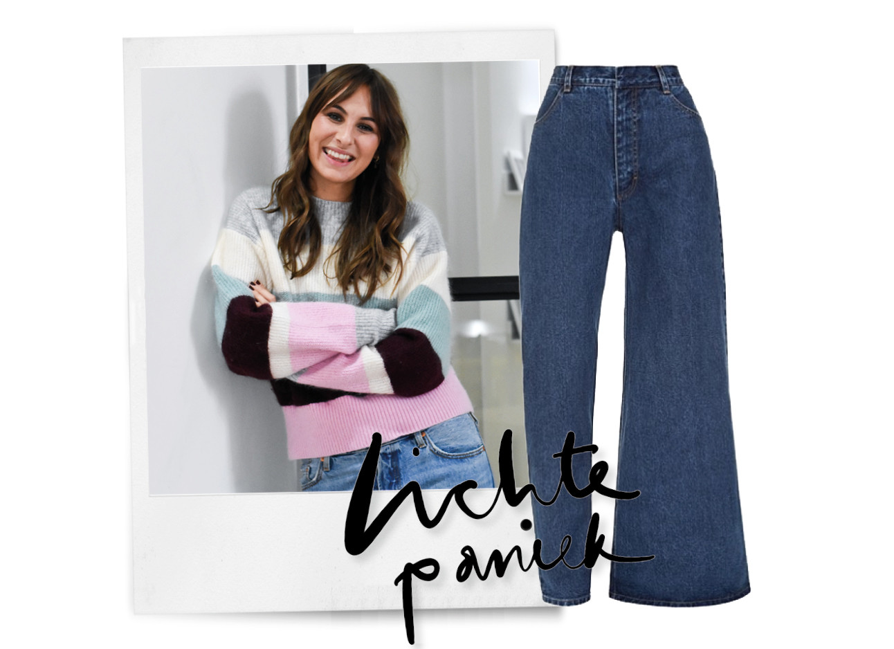 lilian brijl lachend in een roze gestreepte trui met een jeans asymmetrisch trends