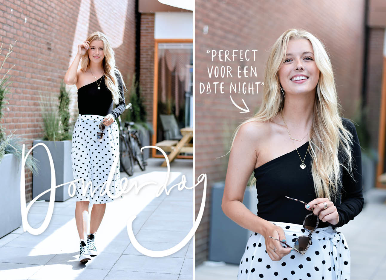 look of the day annabelle van hardeveld lachen met zwarte one shoulder topaan het stippen rok allstars