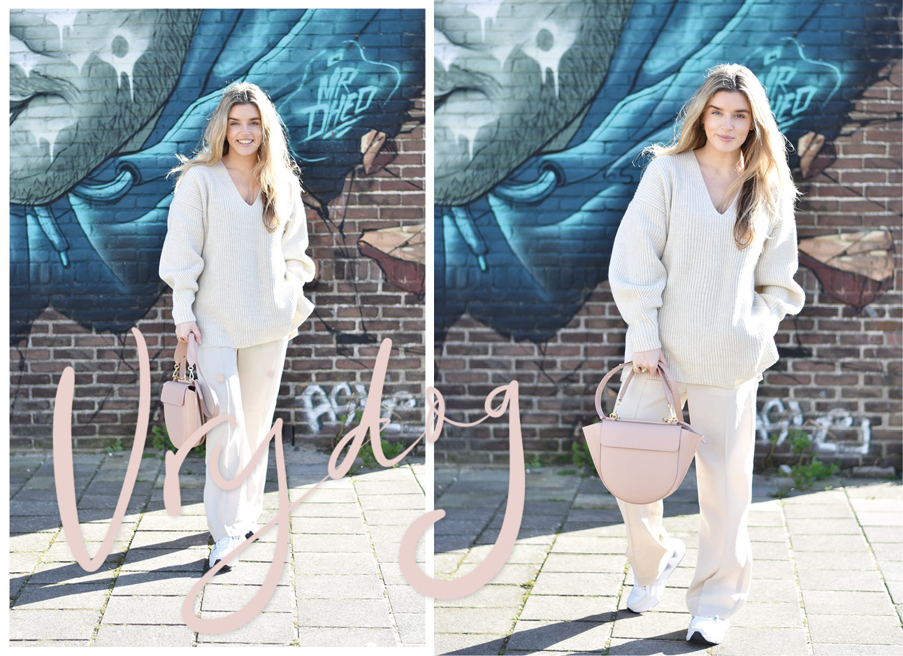 Lotte van Scherpenzeel lachend look of the day beige outfit trui en losse broek roze wandler tas