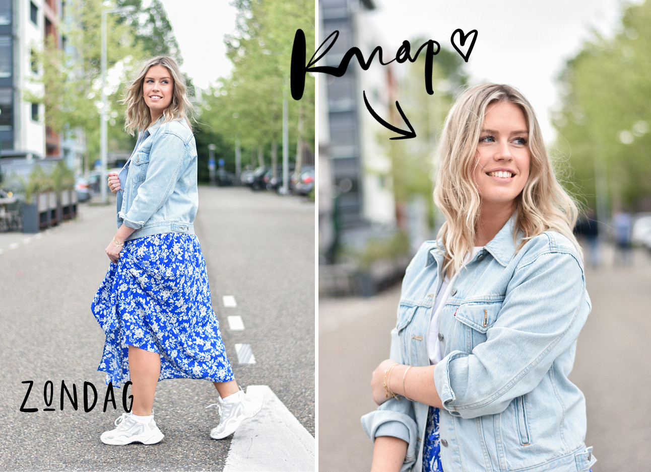 annick in de look of the day, denim jasje, blauwe midi rok met witte print, witte sneakers, beach waves