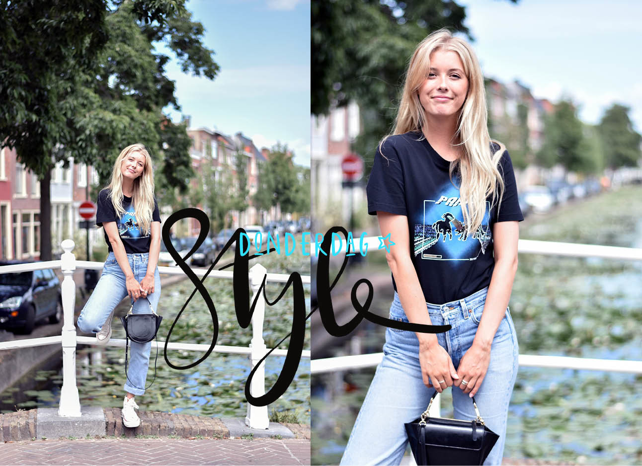 Annabelle van Hardeveld in een zwart T-shirt, jeans, all stars in off white, blond haar