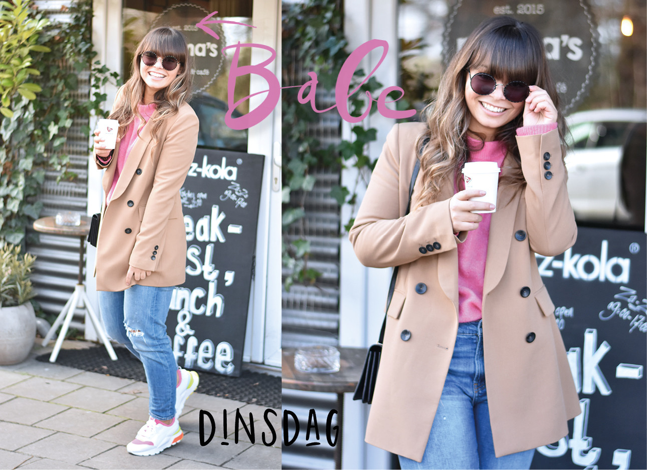 kiki duren standing outside holding coffee wearing coat, pink sweater and neon sneakers